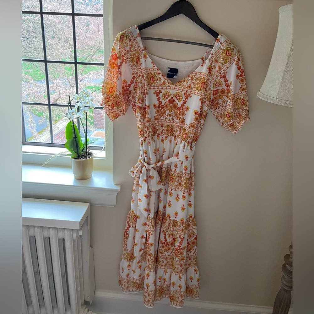 Maison Tara Floral Orange and White Boho Summer Dress, women’s size 8